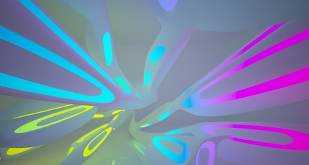 Abstract architectural smooth white interior of a minimalist house with color gradient neon lighting. 3D illustration and rendering.