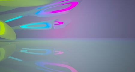 Abstract architectural smooth white interior of a minimalist house with color gradient neon lighting. 3D illustration and rendering.