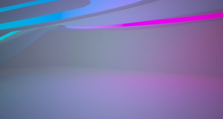 Abstract architectural smooth white interior of a minimalist house with color gradient neon lighting. 3D illustration and rendering.