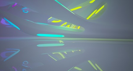 Abstract architectural smooth white interior of a minimalist house with color gradient neon lighting. 3D illustration and rendering.