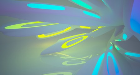 Abstract architectural smooth white interior of a minimalist house with color gradient neon lighting. 3D illustration and rendering.