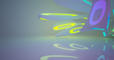 Abstract architectural smooth white interior of a minimalist house with color gradient neon lighting. 3D illustration and rendering.