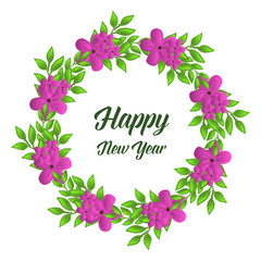 Text design of happy new year, with cute purple flower frame. Vector