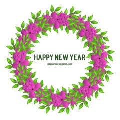 Design lettering of happy new year, with elegant purple flower frame. Vector