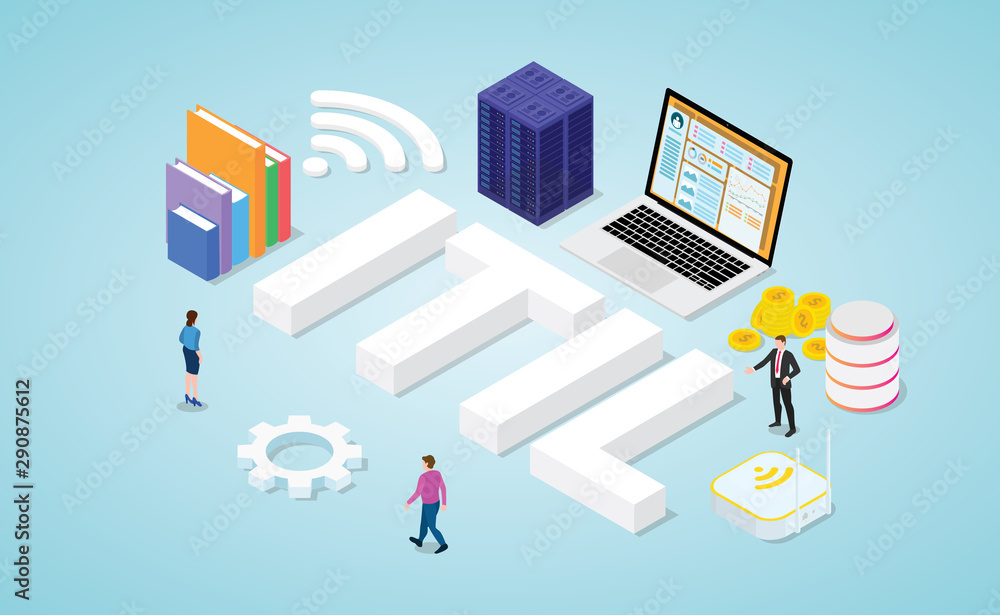 Poster itil information technology infrastructure library concept with big words and text with modern isome