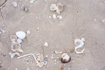 Garbage or left trash on sand. Beach is dirty of plastic, glass and rubbish. waste reduction concerning concept