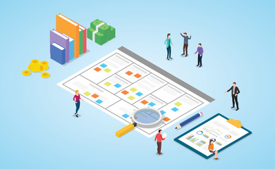 business model canvas concept with paper document and team people discussion meeting with modern isometric style - vector