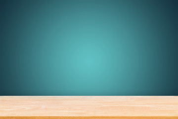 Abstract Natural wood table texture with deep blue gradient wall background : Top view of plank wood for graphic stand product, interior design or montage display product.