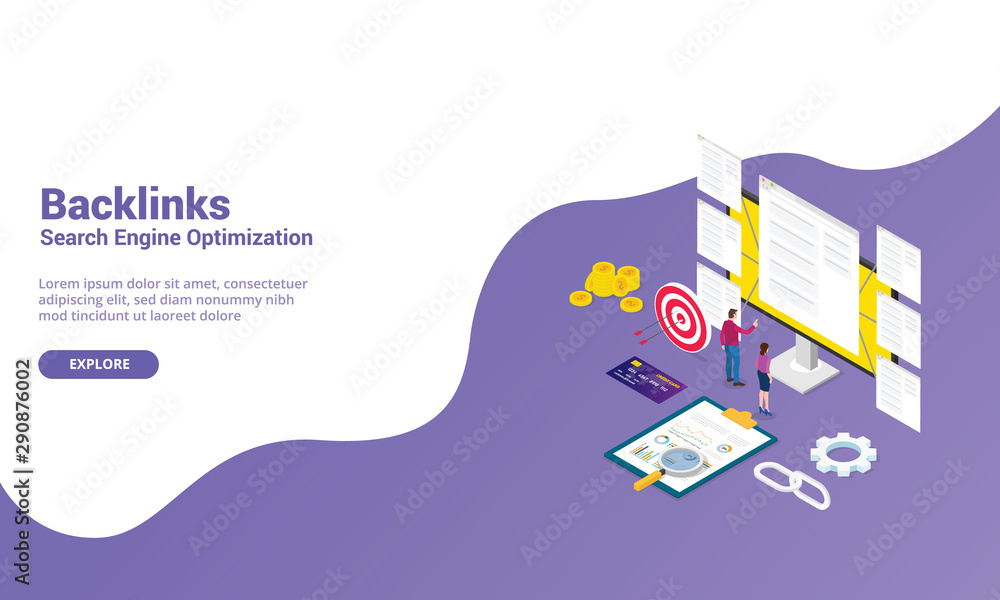 Poster backlinks seo search engine optimization concept for website with modern isometric style for website