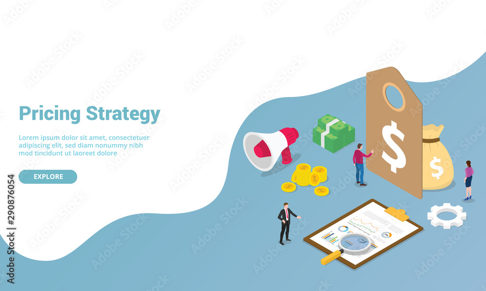 Aufkleber pricing strategy tag with money finance and graph chart with modern isometric style for website temp