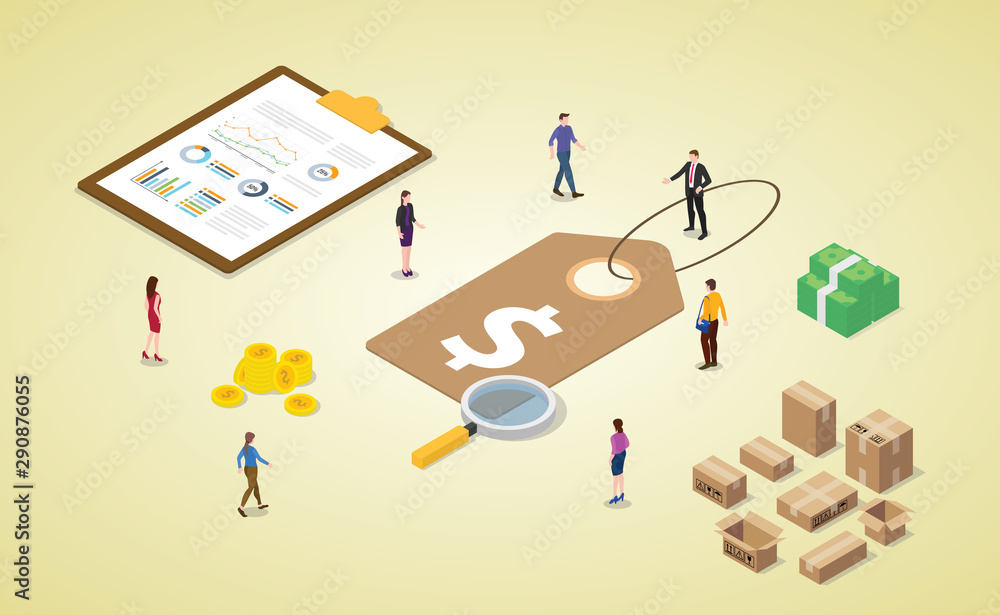 Poster pricing strategy tag with money finance and graph chart with modern isometric style - vector