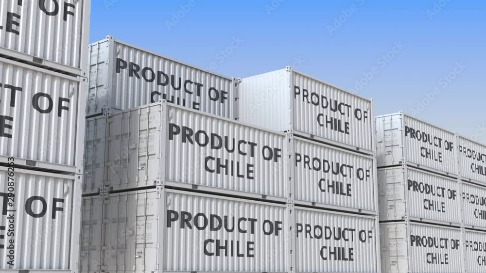 Aufkleber containers with product of chile text. chilean import or export related loopable 3d animation