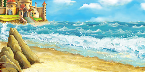 cartoon scene of beautiful castle by the beach and ocean or sea - illustration for children - obrazy, fototapety, plakaty