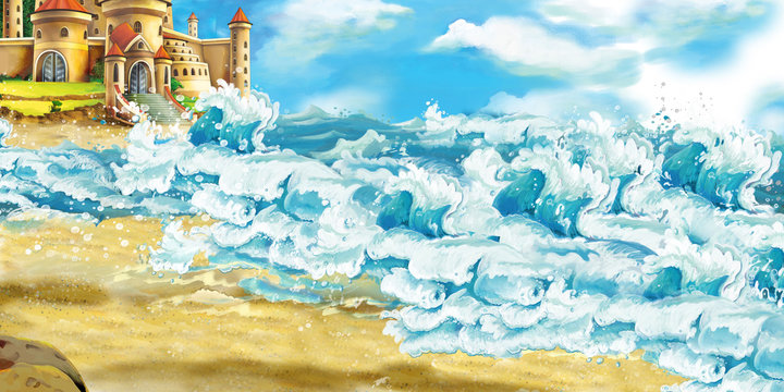 cartoon scene of beautiful castle by the beach and ocean or sea - illustration for children © honeyflavour