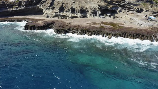 Shot of rocky Hawaiian shoreline. Shot on Mavic Pro 2 in 4k. Drone lens equivalent to 28mm.
