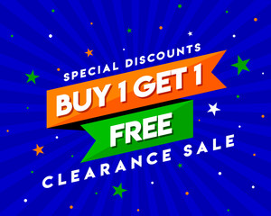Buy 1 Get 1 Free Clearance Sale Tag, Banner Template, Special Discount App Icon, Logo Design, Sticker, Concept, Greeting Card Template, Poster, Unit, Label, Web, Mnemonic with stars background - Vetor