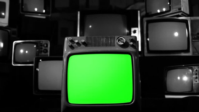 Shooting at Old Retro TV Green Screen. Black and White Tone. Zoom In. You can Replace Green Screen with the Footage or Picture you Want with “Keying” effect in After Effects.