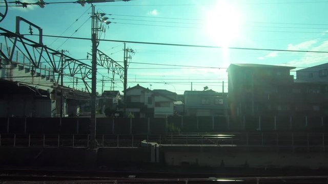 Japan Railway train window. View to arrive at the station