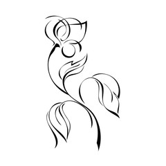one stylized flower Bud on a curved stem with leaves in black lines on a white background
