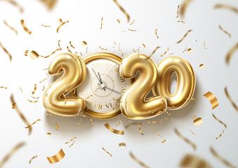 Vector 2020 new year holiday with realistic clock - obrazy, fototapety, plakaty