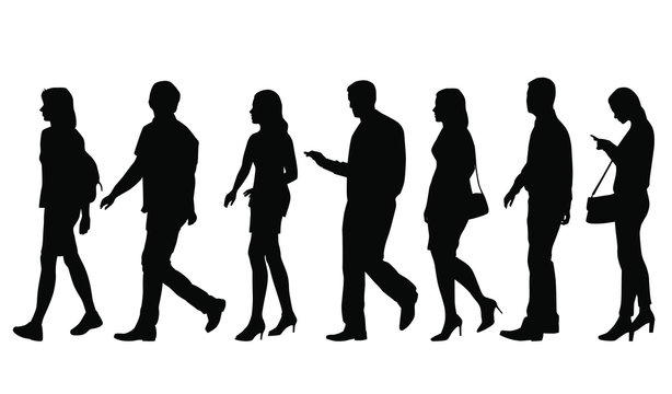 Vector silhouettes of  men and a women, a group of standing and  walking business people, black color isolated on white background