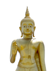 Golden buddha standing with one hand as for buddihst respect in Buddhism. Asian religion
