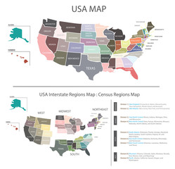USA MAP vector graphic with Census regions interstates map pastel colours tone - obrazy, fototapety, plakaty