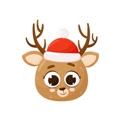 Christmas deer icon. Red hat of Santa Claus. Vector illustration. Cute cartoon deer. Isolated on white background