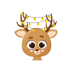 Christmas deer with a garland in the horns. Vector illustration. Cute cartoon deer. Isolated on white background