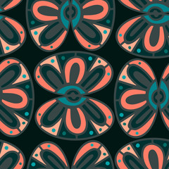 Modern seamless stylized design with abstract flowers. Can be used for printing on paper, stickers, badges, bijouterie, cards, textiles.