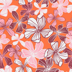 Seamless stylized pattern with pink flowers. Can be used for printing on paper, stickers, badges, bijouterie, cards, textiles.