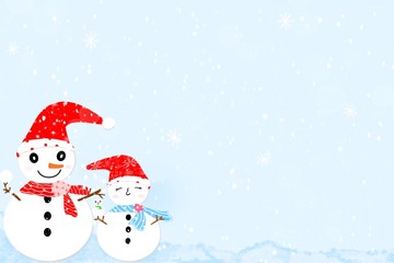 Hand drawing. Cute happy snowman in winter background. Merry christmas and Happy new year. Copy space. Can be use for advertising, banner, brochure, web or any card.