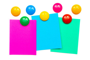 Empty colorful paper sheet with magnetic on white background surface. Copy space for add text or art work designs.