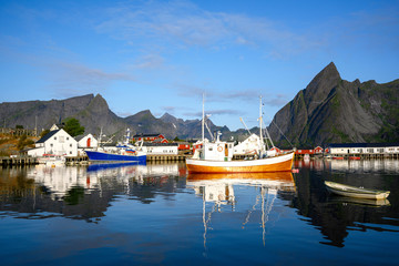 Morning in the Hamnoy fishing village. This is a popular tourist destination for tourists and photographers in the Lofoten Islands, Norway.