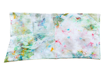 Dirty rag cloth with colorful of watercolor on texture surface for cleaning isolate on white. Background of art.
