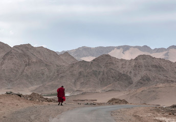 Monk walking with mountain backdrop, Ladakh, India