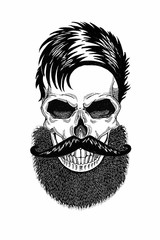 Monochrome illustration barbershop of skull with beard, mustache, hipster haircut and on white background, cartoon, angry, beautiful, brutal.