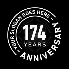 174 years anniversary logo template. One hundred and seventy-four years celebrating logotype. Black and white vector and illustration.