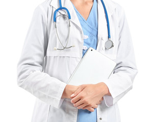 Female doctor with stethoscope and tablet computer on white background