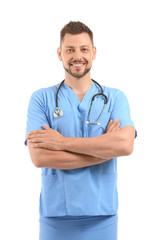 Male nurse with stethoscope on white background