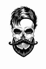 Monochrome illustration barbershop of skull with beard, mustache, hipster haircut and on white background, cartoon, angry, beautiful, brutal.