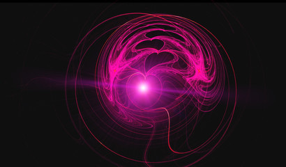 d rendering abstract shining purple fractal with neon electricity lines on black background. Purple glowing hearts