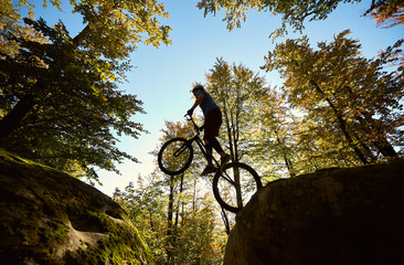 Fototapeta na wymiar Young sportsman jumping on trial bike, professional cyclist making acrobatic stunt between two big boulders in the forest on summer sunny day. Concept of extreme sport active lifestyle