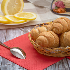 Delicious breakfast with fresh croissants.Tasty croissants