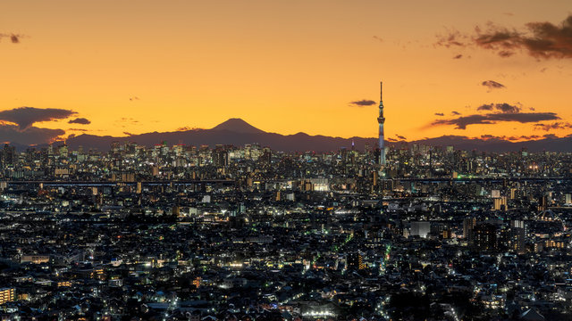 Tokyo city view and Mountain Fuji in Japan. Tokyo cityscape twilight.