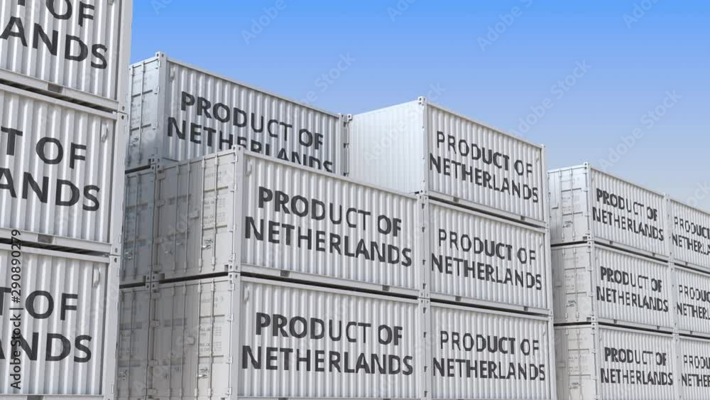 Poster cargo containers with product of netherlands text. dutch import or export related loopable 3d animat