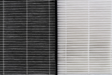 Close up before and after of air filter dust. Compare HEPA air purifier replacement filter.
