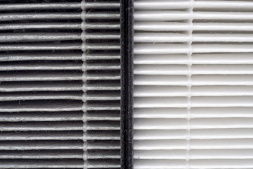 Close up before and after of air filter dust. Compare HEPA air purifier replacement filter.