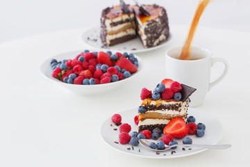 healthy dessert with different berries on white background