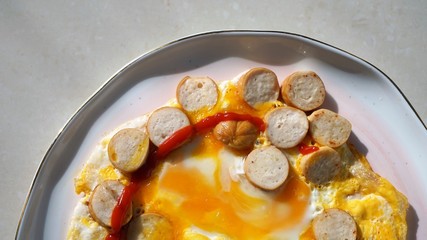 fried eggs with sausages at plate